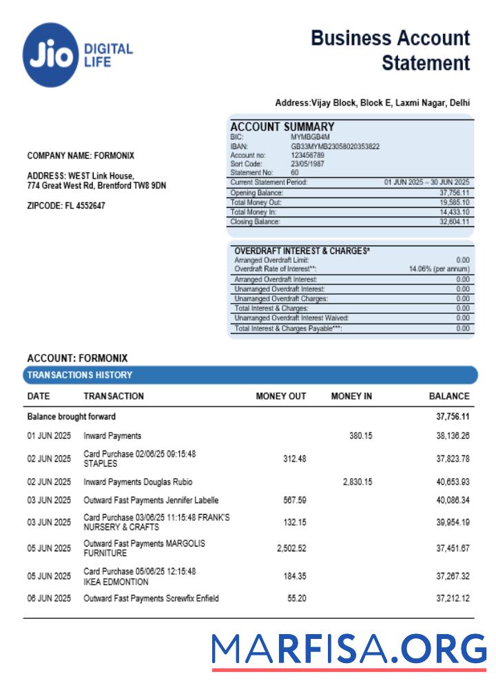 Blank Jio Digital Life organization checking account statement Word and PDF template